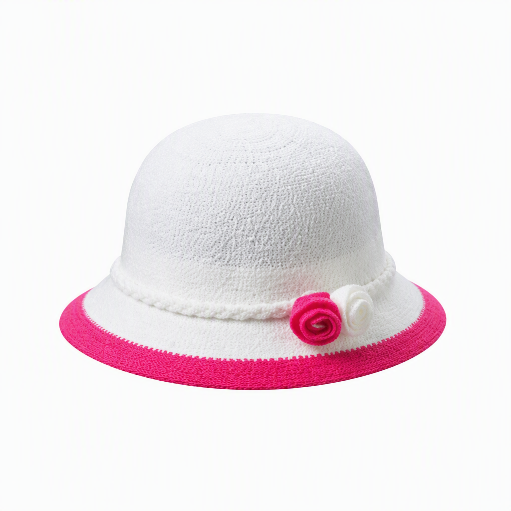 Sombrero solar tejido para niños 2513, con detalles de rosas, seis combinaciones cromáticas, cuerpo blanco con ribete de color, ala con dos rosas de tela y banda trenzada; sombrero solar para bebés y niños pequeños, ideal para juegos al aire libre y para marcaje promocional