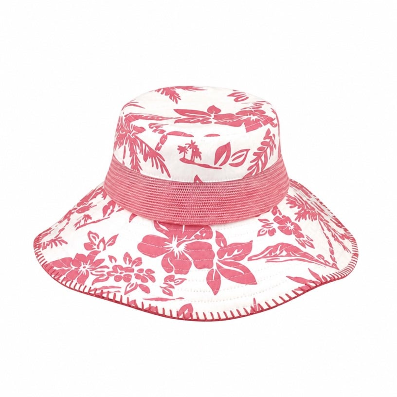 Prémium egyedi 7905B hawaii mintás bucket kalap kontrasztos hálós szalaggal és átvarrt varrásszéllel, széles, lazán lelógó szegéllyel, trópusi kültéri napkalap a strandra, utazásra és promóciós márkázásra