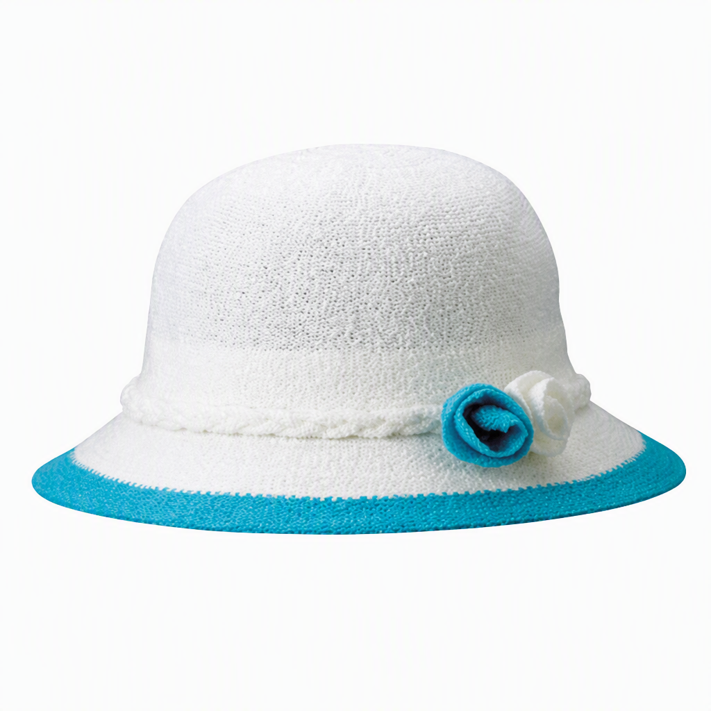 Sombrero solar tejido para niños 2513, con detalles de rosas, seis combinaciones cromáticas, cuerpo blanco con ribete de color, ala con dos rosas de tela y banda trenzada; sombrero solar para bebés y niños pequeños, ideal para juegos al aire libre y para marcaje promocional