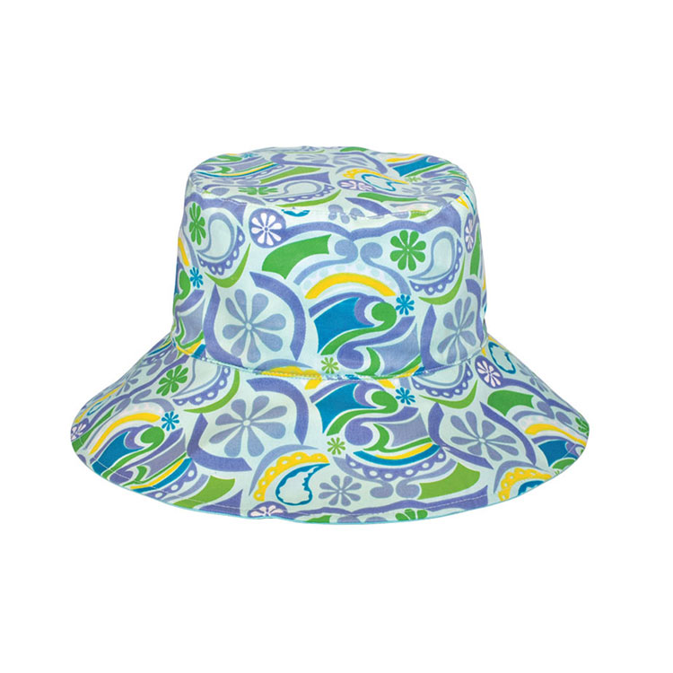 Sombrero tipo bucket personalizado premium 6556 con estampado retro psicodélico, dos versiones cromáticas, patrón abstracto paisley y floral, ala ancha, de algodón, para uso al aire libre en verano, protección solar, uso casual, festivales, viajes y branding promocional