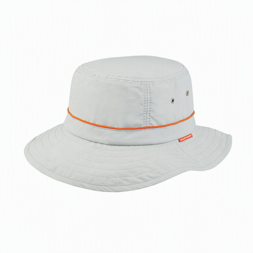Premium Custom J7226 Bucket Hat with Orange Accent Cord and Juniper Woven Label Breathable Wide Brim Outdoor Sun Cap with Ventilation Grommets for Hiking Travel and Promotional Branding