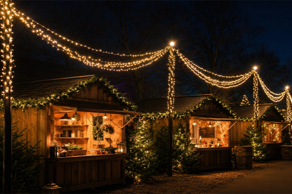 Christmas market stalls decorated with warm-white string lights and garlands