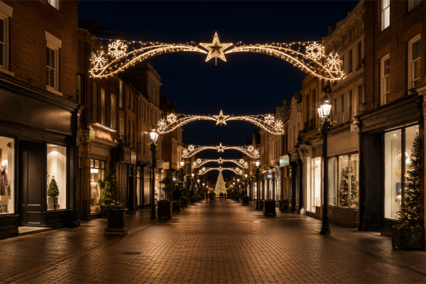 City street Christmas lighting with cross-street motif arches and pole decorations