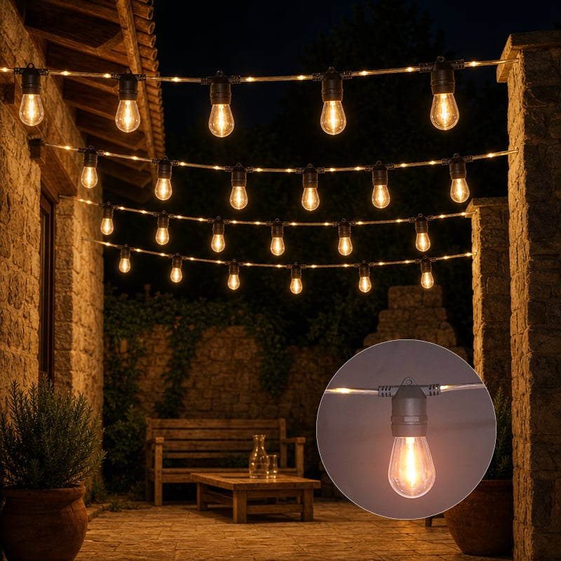 S14 LED String Lights 10M 20 E27 Sockets Black Cable 24V 8 Modes Warm White Outdoor Patio Wedding