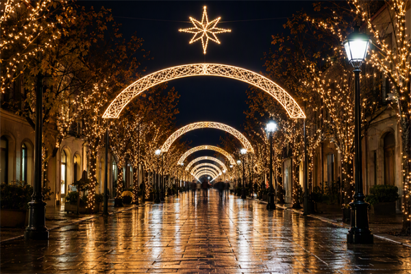 Pedestrian shopping street decorated with illuminated Christmas light motif arches and tree garlands