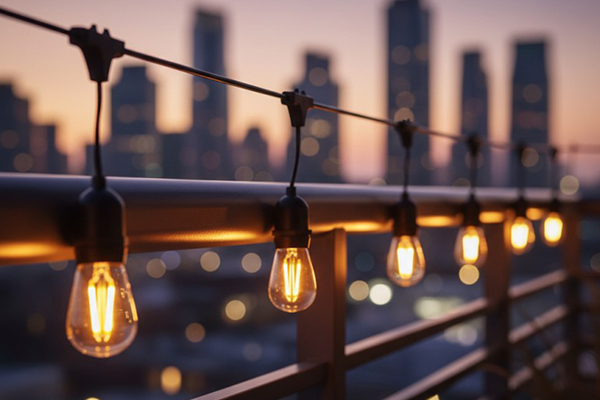 Commercial LED string lighting with S14 festoon bulbs on an outdoor retail terrace