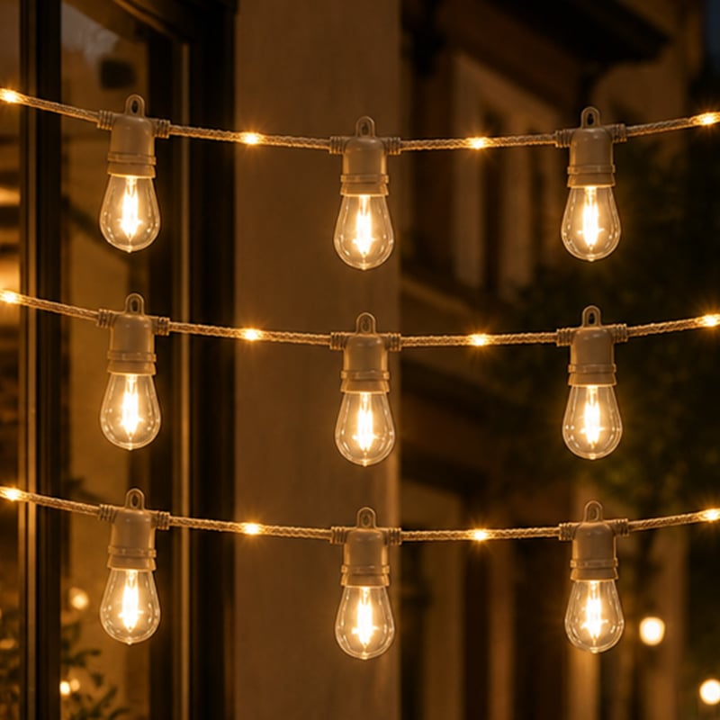 String Lights 5M 10 E27 Sockets Khaki Braided Hemp Rope 24V 8 Modes Warm White Patio Decor

