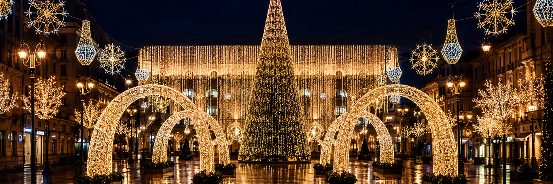 Wide night view of a fully illuminated commercial Christmas lighting installation in a public plaza