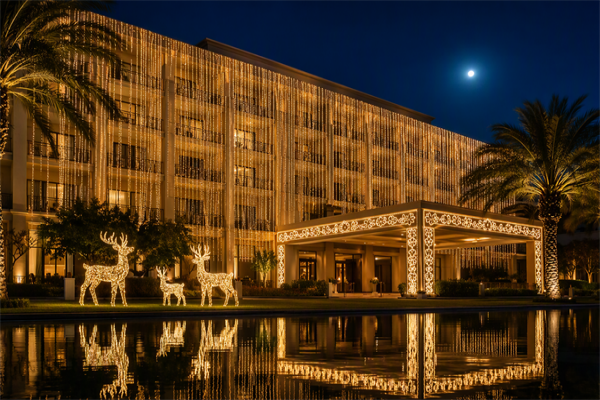 Resort hotel façade lit with warm-white Christmas light curtains and illuminated decorations
