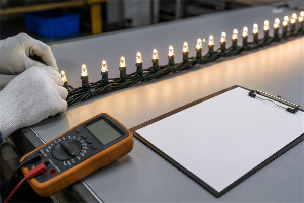Quality control inspection of a light string on a test bench before shipment