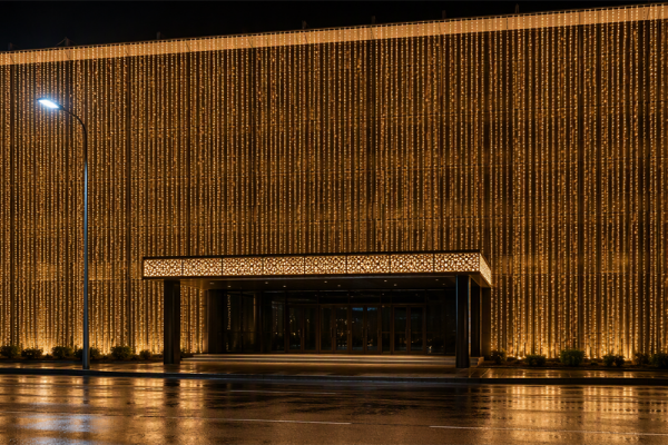 Building façade covered with a warm-white LED light curtain