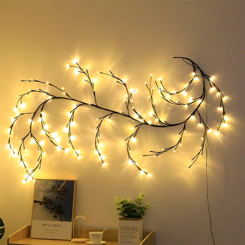 Luzes de videira de salgueiro de 4,25 m, luzes de fada LED brancas cálidas con cable negro para decoración exterior de xardíns e árbores, con adaptador