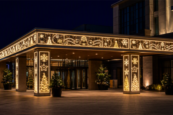Commercial building entrance and plaza decorated with Christmas motif lighting