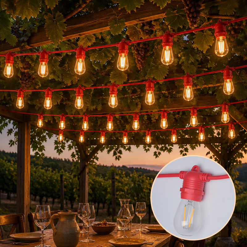Red S14 LED Festoon String Lights 14.4M Outdoor Waterproof Edison Bulbs 7 Color Options Patio Decor