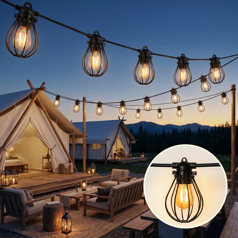 Industrial Iron LED String Light with E26/E27 Bulb Base AC 220V Black Finish Vintage Design for Camping Patio Use