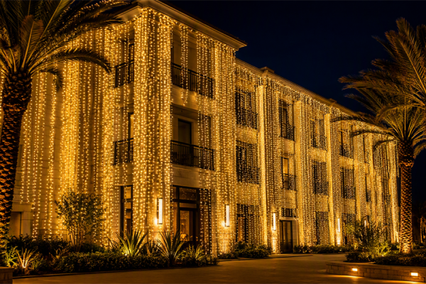 Hotel and resort Christmas lighting on garden trees and façade