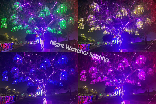 Public park walkway in Saudi Arabia lit with fiber optic jellyfish pendant lights on the trees