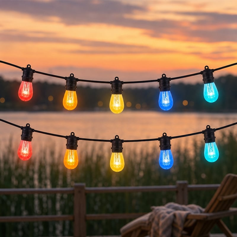 S14 RGB+WW LED String Lights 14.4M 15 E27 Sockets Clear PET Bulbs Remote 13 Colors 7 Modes Party
