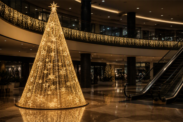 Shopping mall atrium Christmas lighting installation with illuminated cone tree