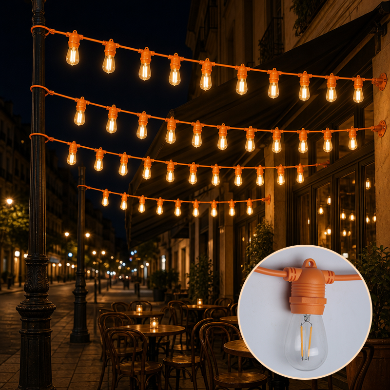 Orange LED Festoon String Lights 14.4M Outdoor Waterproof Edison Bulbs 7 Color Options Patio Decor