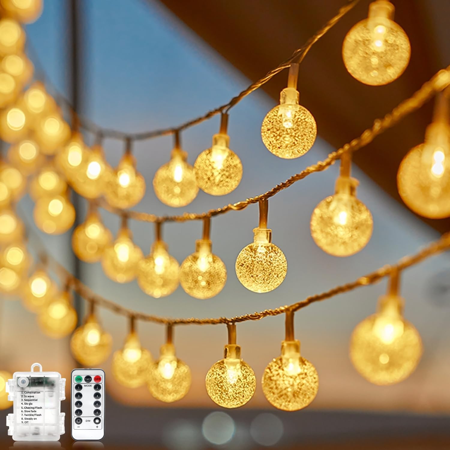 LED Crystal Ball String Lights 8 Modes With Remote Control Indoor Outdoor LED Fairy Lights for Christmas, Party Patio, Warm White
