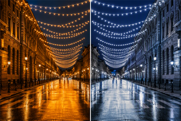 color temperature comparison festival lights warm white cool white urban block