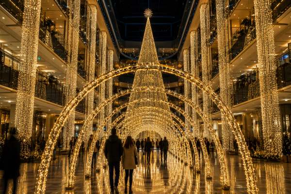 Shopping mall atrium decorated with a large commercial Christmas light installation