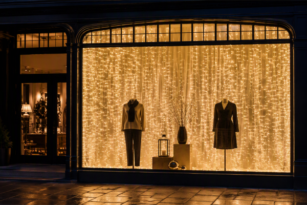 Retail store window display with Christmas curtain lights and string lights