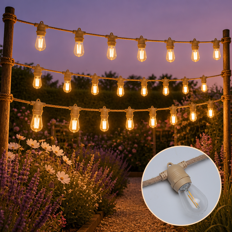 Light Brown Braided Rope S14 LED Festoon String Lights 14.4M Outdoor Waterproof Edison Bulbs Patio Decor