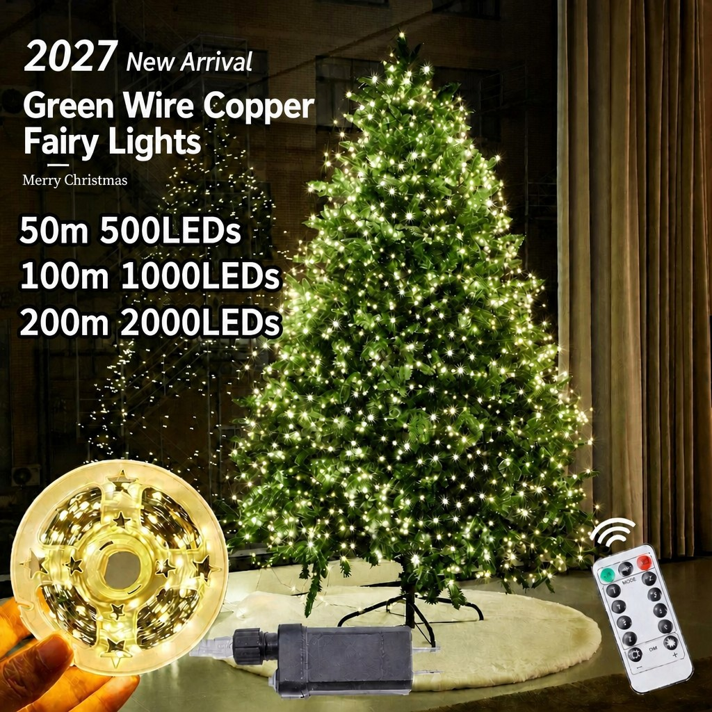 Luminile cu fir de cupru pentru Crăciun, fir verde închis, LED-uri pentru decorul de exterior, impermeabile, pentru grădină