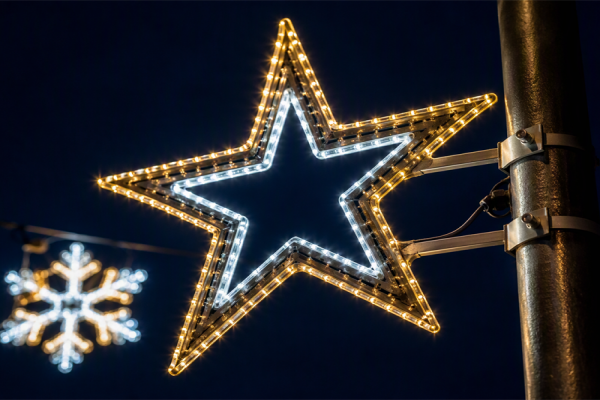 Illuminated LED Christmas motif star mounted on a pole in a pedestrian street