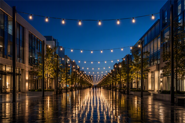 minimalist festive lights urban block LED string light installation