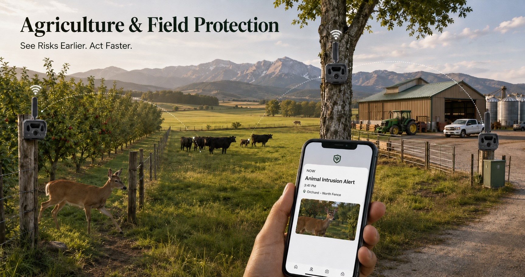 Aiuta a proteggere aziende agricole, frutteti, allevamenti, peschiere e foreste con un monitoraggio affidabile delle aree critiche.