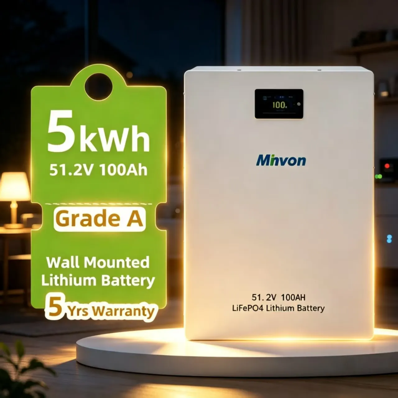 MINVON 5.12kWh Wall-Mounted LiFePO4 Battery 51.2V 100Ah, Residential Solar Energy Storage System, Emergency Blackout Backup Power, 5000+ Deep Cycles Safe Lithium Iron Phosphate Battery