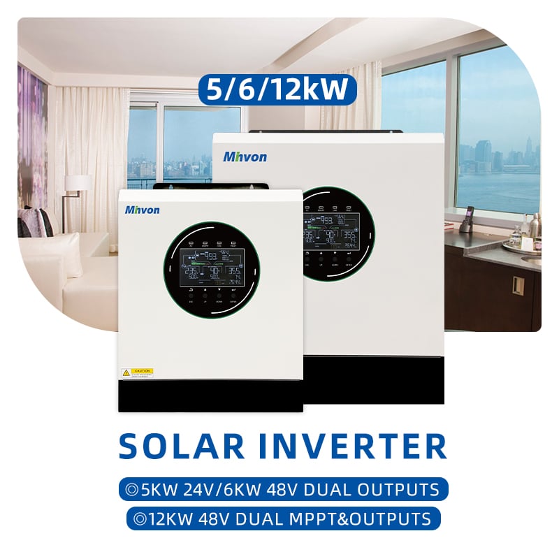 MINVON SOL IA-S5 Series 5kW 6kW 12kW 24V/48V Off Grid Solar Inverter, Max 500VDC PV Input, 99.5% High Efficiency MPPT, Work With Or Without Battery, Dual AC Output For Home Off-Grid Solar Storage System