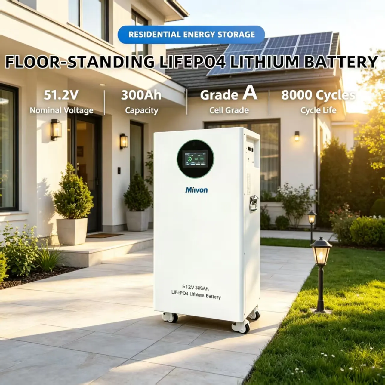 MINVON 15kWh Floor Mount LiFePO4 Battery, 51.2V 300Ah Lithium Iron Phosphate Battery, Home Solar Energy Storage Battery for Villa Backup Power
