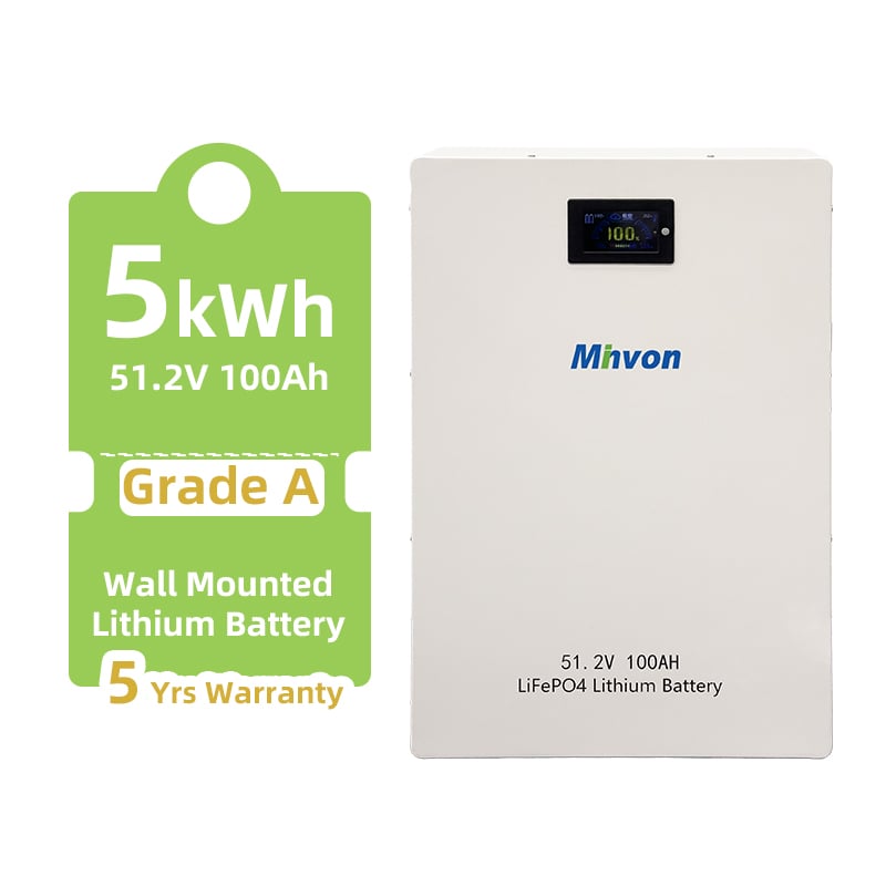 51.2V 100Ah 5.12kWh Wall Mount LiFePO4 Solar Battery, 48V Lithium Iron Phosphate Wall Storage Battery Compatible With Off Grid & Hybrid Solar Inverter For Home Small Solar System