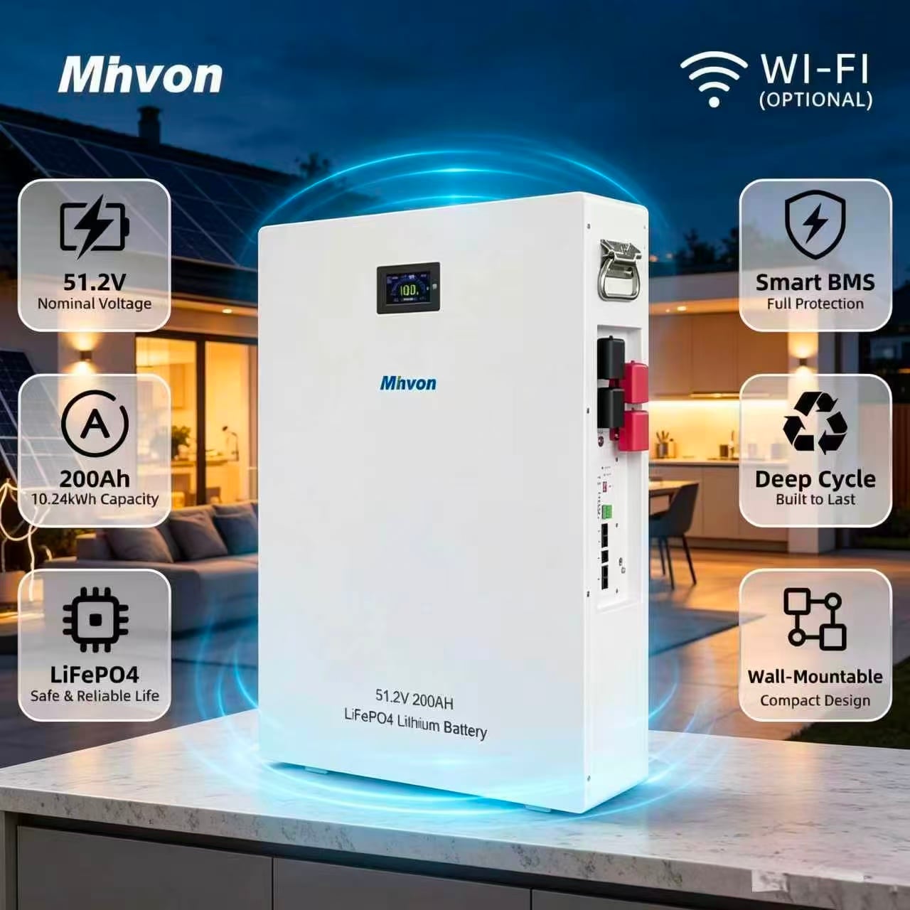 MINVON Wall Mount LiFePO4 Battery 51.2V 100Ah 5.12kWh Smart BMS 6000 Cycles Home Solar Energy Storage Battery for Off‑Grid Hybrid Solar System Emergency Backup Power