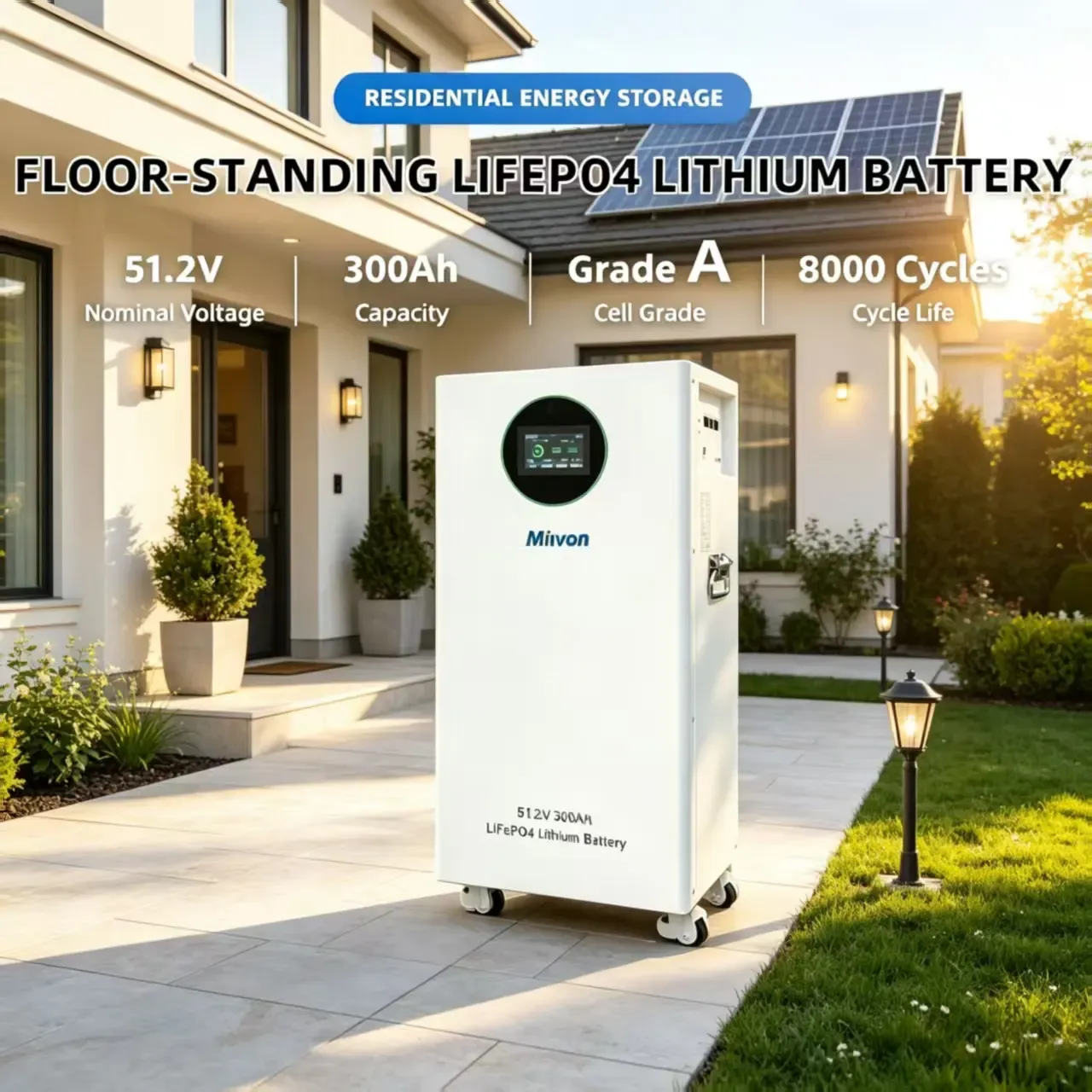 MINVON 51.2V 300Ah Floor Mount LiFePO4 Battery, 15.36kWh Energy Storage, Integrated Smart Full Protection BMS, 6000+ Deep Cycle Lifespan, Optional WiFi Remote Monitor, Compact Solar Backup Battery for Mobile Homes & Off-Grid Systems
