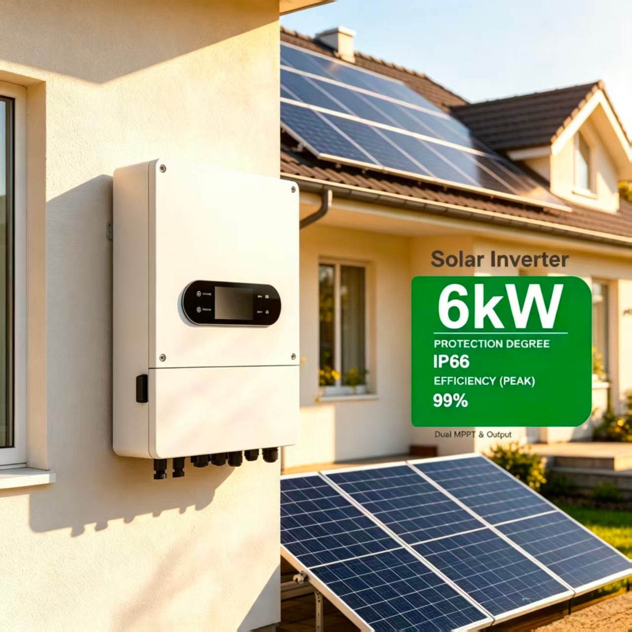 عاكس شمسي هجين خارج الشبكة طراز AEP-6KP1-D5 بقدرة ٦ كيلوواط، مقاوم للماء وفق معيار IP66 | عاكس شمسي بشريحة شحن ذات موجة جيبية نقية ومُدخلَيْ MPPT مستقلَّين لنظام تخزين الطاقة الشمسية المنزلي