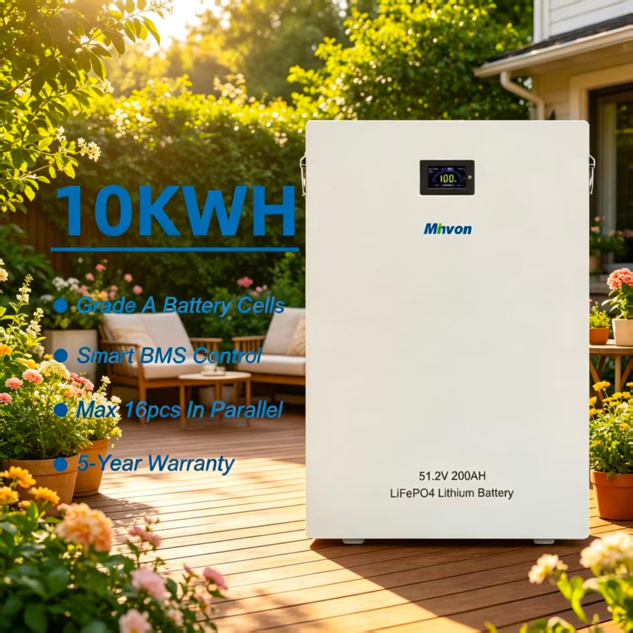10.24kWh 51.2V Wall-Mounted LiFePO4 Battery | Residential Home Solar Storage Lithium Battery Built-in Smart BMS