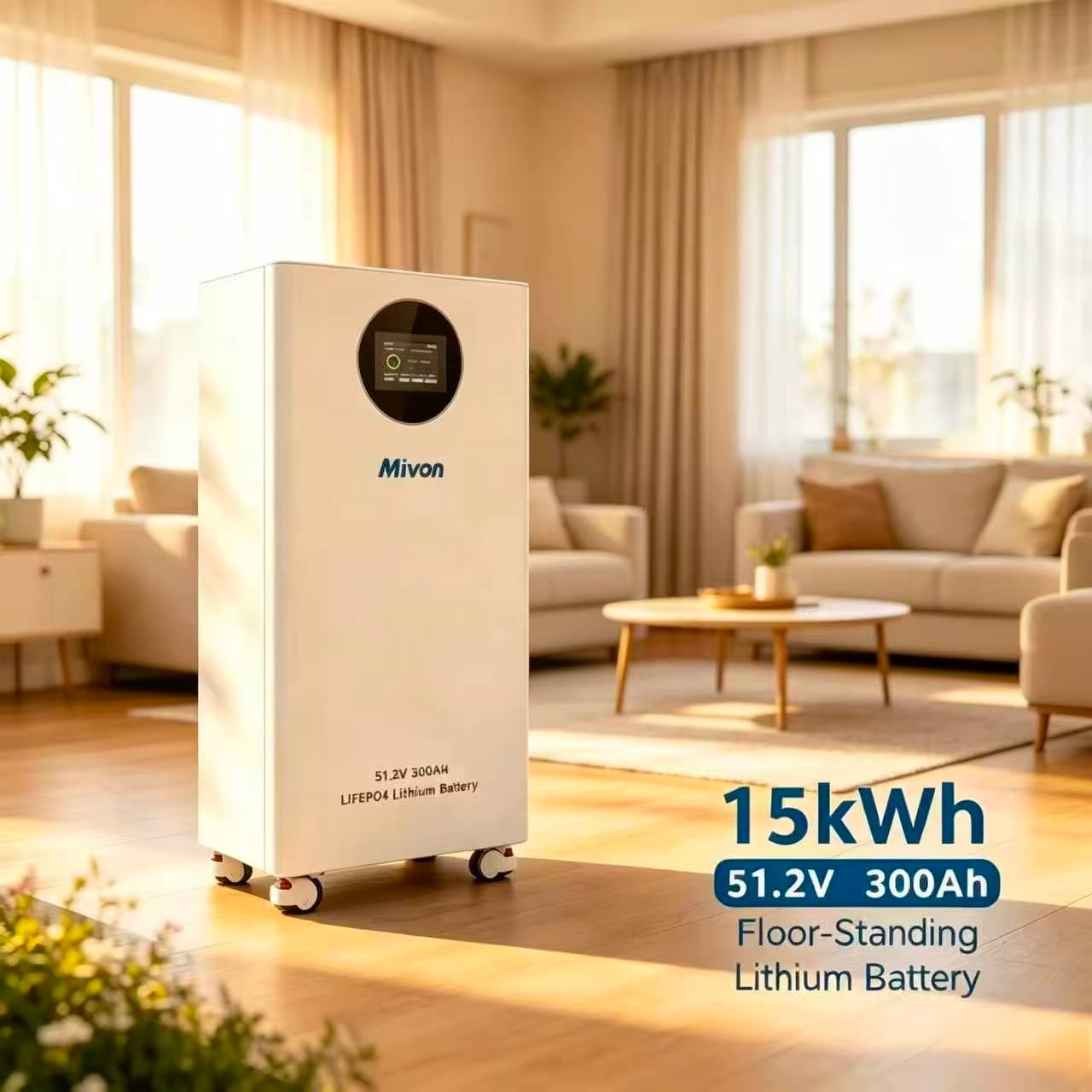 Tekerlekli LiFePO4 Güneş Pili Aküsü 48 V, 300 Ah, 15,36 kWh — Akıllı BMS, 6000+ Döngü, Şebeke Dışı ve Hibrit İnvertörlerle Uyumlu