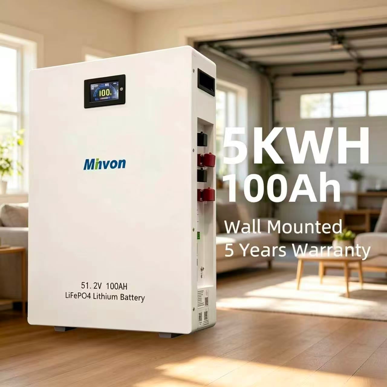Wall Mounted 51.2V 100Ah 5.12kWh LiFePO4 Solar Battery MINVON Residential Energy Storage Lithium Battery With 5 Years Warranty