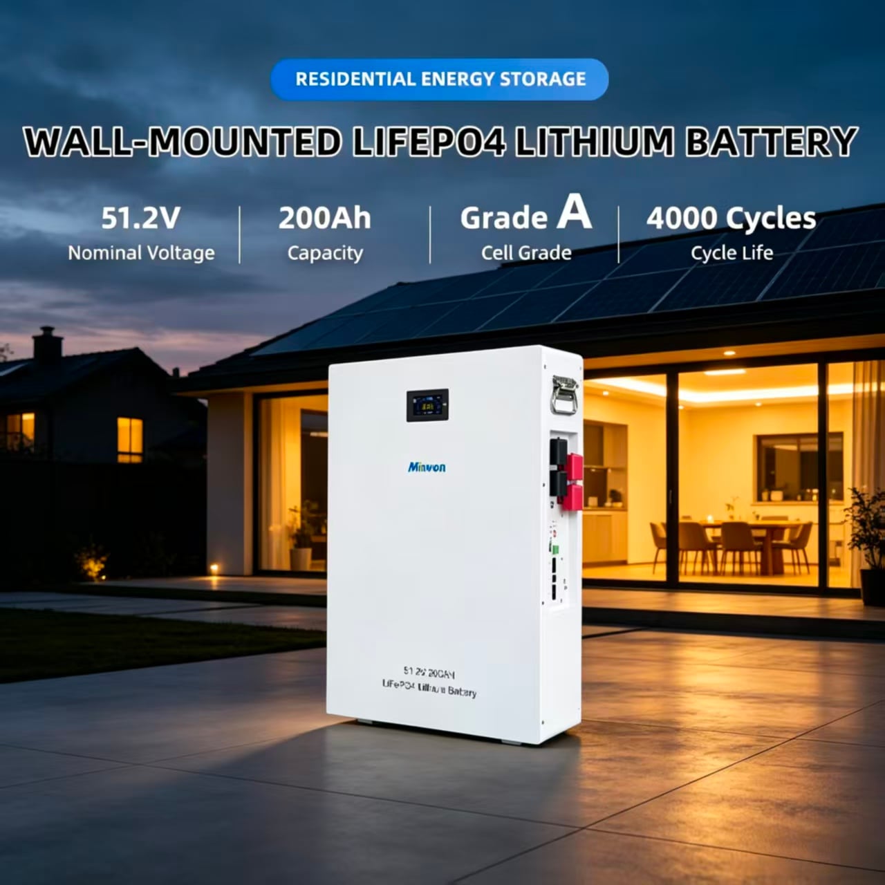 MINVON Wall Mount LiFePO4 Battery 51.2V 100Ah 5.12kWh Smart BMS 6000 Cycles Home Solar Energy Storage Battery for Off‑Grid Hybrid Solar System Emergency Backup Power