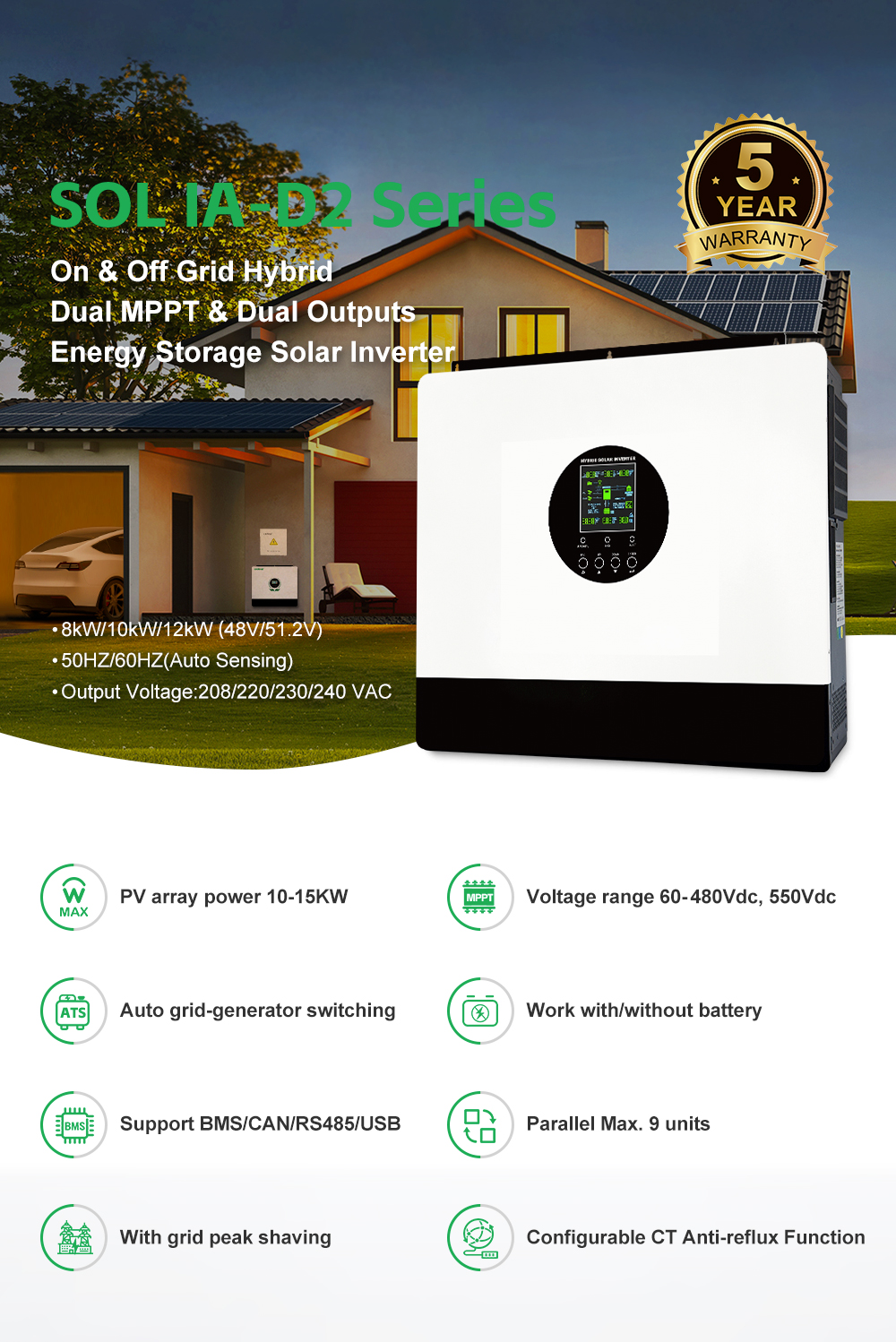 HYBRID SOLAR INVERTER 8KW/10KW/12KW Dual MPP trackers MPPT Voltage Range 60V-480V Communication WiFi/4G suitable foe household and commercial usage manufacture