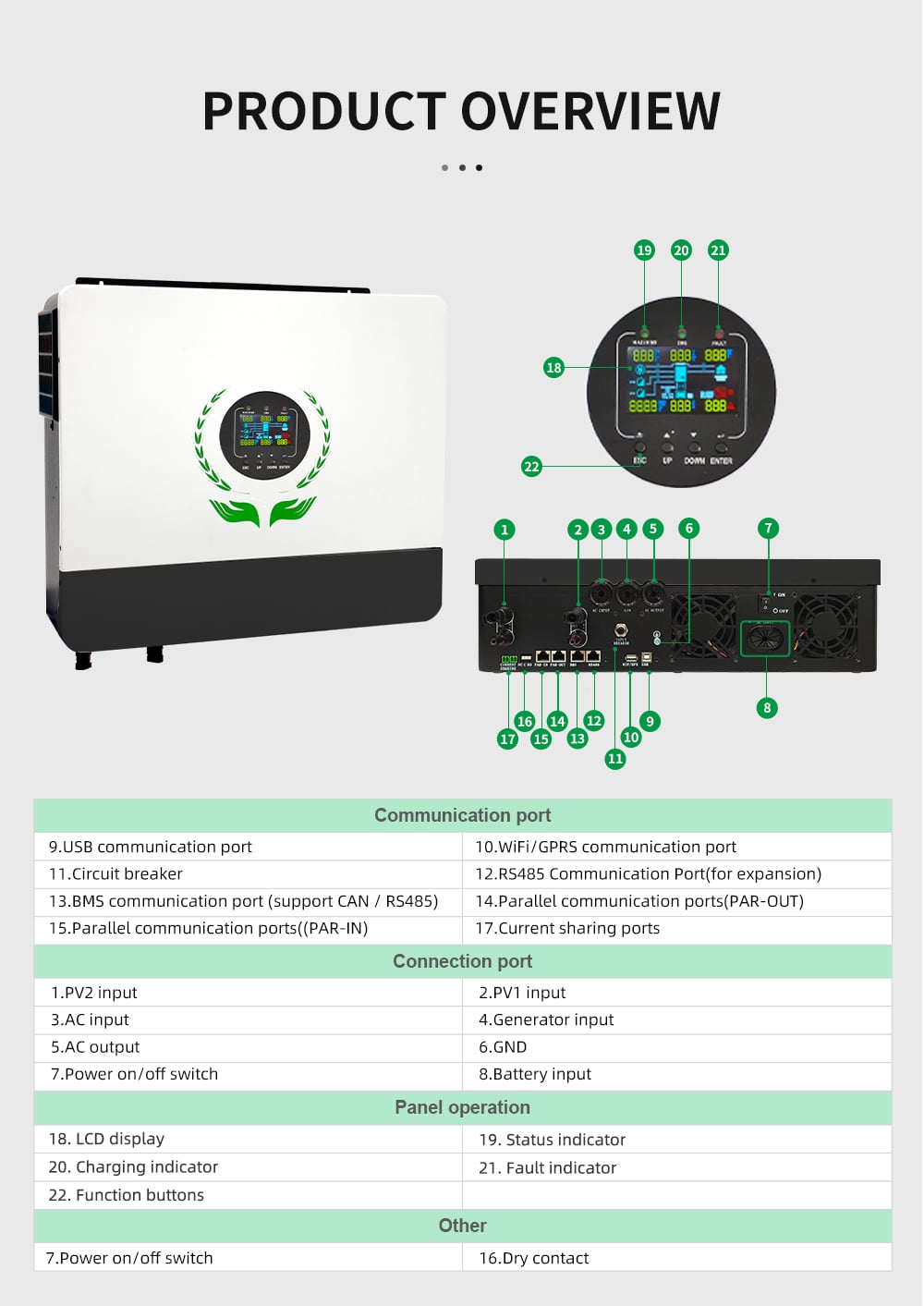 off grid solar inverter 6kw mppt range operating voltage 120vdc 450vdc plug and play pv interface pure sine wave supports up to 6 units in parallel-3