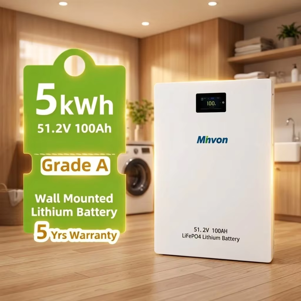 MINVON Wall‑Mount LiFePO4 Battery 51.2V 100Ah 5.12kWh | Home Solar Energy Storage Backup Battery for Grid Outage & RV Off‑Grid System