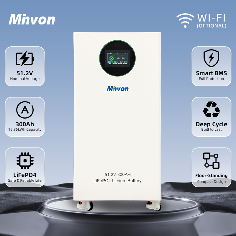 Mhvon 15.36kWh 51.2V Floor Mount Lithium Battery 5000 Cycles For Hybrid Inverter