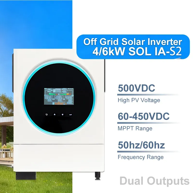 اینورتر خورشیدی بدون اتصال به شبکه SOL IA4000-S2 / SOL IA6000-S2، ۲۴ ولت/۴۸ ولت، توان ۴ کیلووات و ۶ کیلووات، ورودی فتوولتائیک ۵۰۰ ولت، شارژر MPPT با جریان ۲۷ آمپر، صفحه نمایش لمسی ۴.۳ اینچی، اینورتر انرژی خورشیدی موج سینوسی خالص برای ذخیره‌سازی انرژی در سیستم‌های خارج از شبکه خانگی