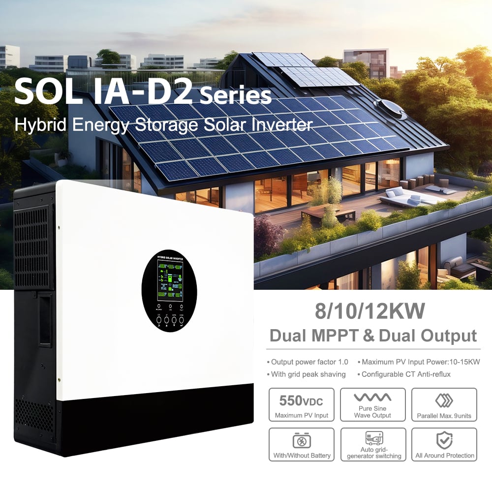 MINVON SOL IA-D2 Series Hybrid Solar Inverter 8kW 10kW 12kW 48V Dual MPPT 550VDC PV Input, Parallel Up To 9 Units Max 108kW Grid-Tied Peak Shaving Dual AC Output For Home Commercial Energy Storage